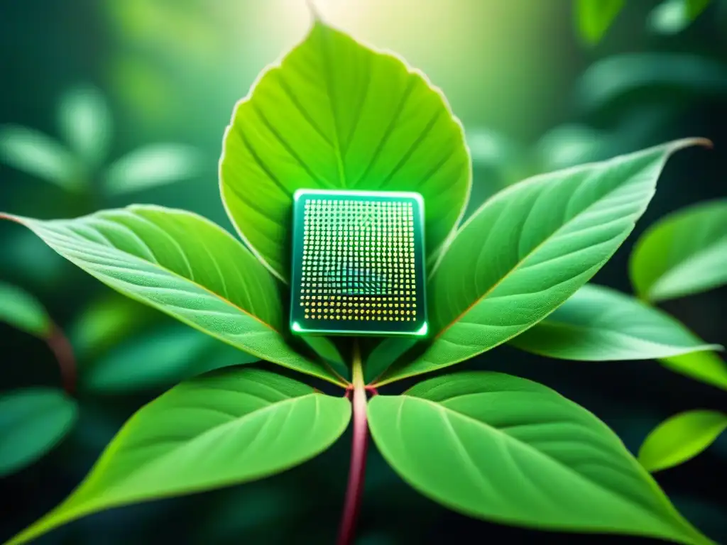 Ingenioso nanochip fusionado con una hoja verde, simbolizando la unión entre tecnología y naturaleza en la lucha contra el cambio climático