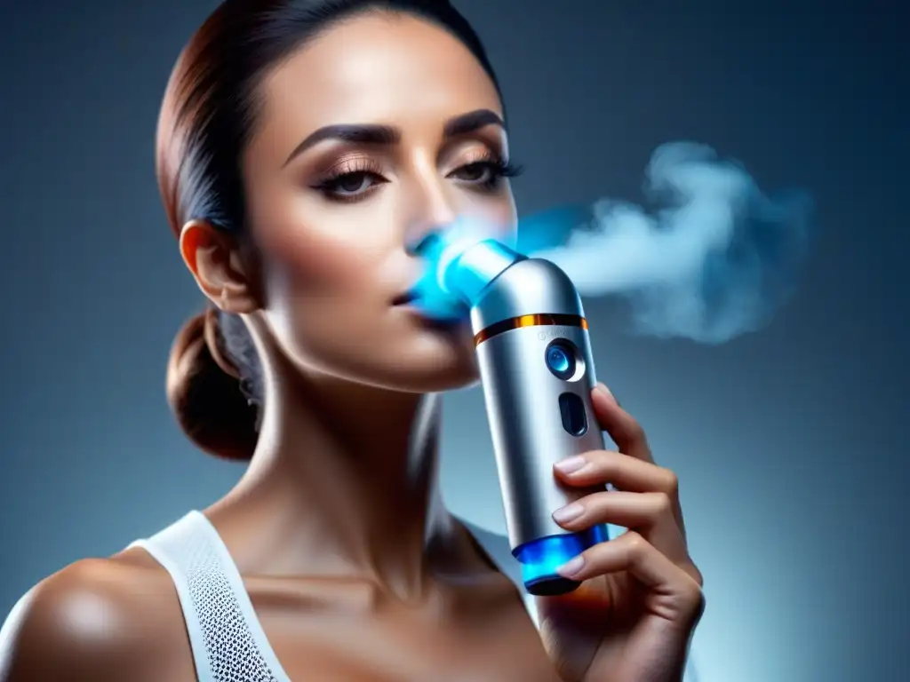 Un inhalador moderno y elegante, con diseño intrincado y tecnología avanzada, sobre fondo blanco