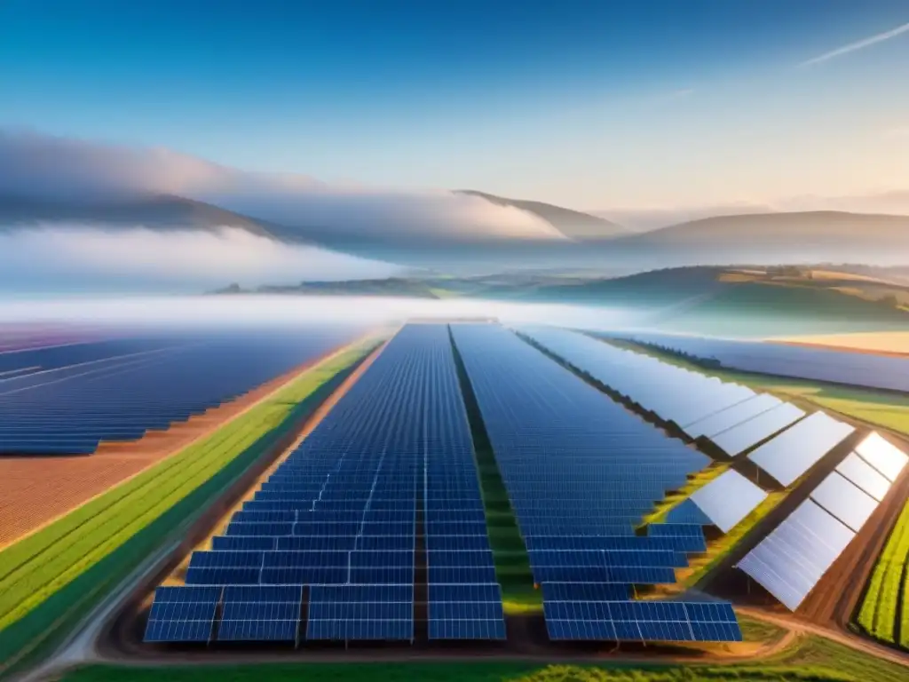 Una inmensa granja solar se extiende hasta el horizonte bajo un cielo azul claro, con paneles relucientes perfectamente alineados