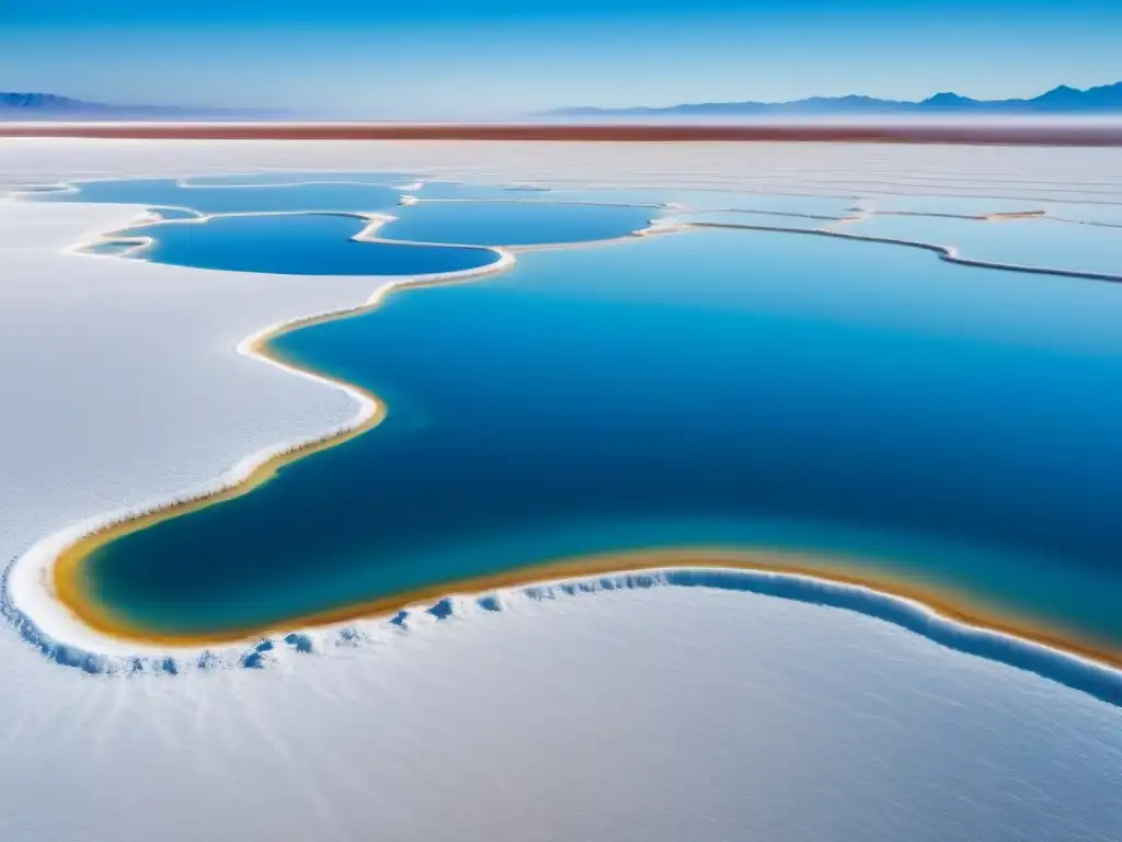 Un inmenso y asombroso paisaje de salinas con patrones geométricos bajo el cielo azul, destacando la extracción sostenible de litio