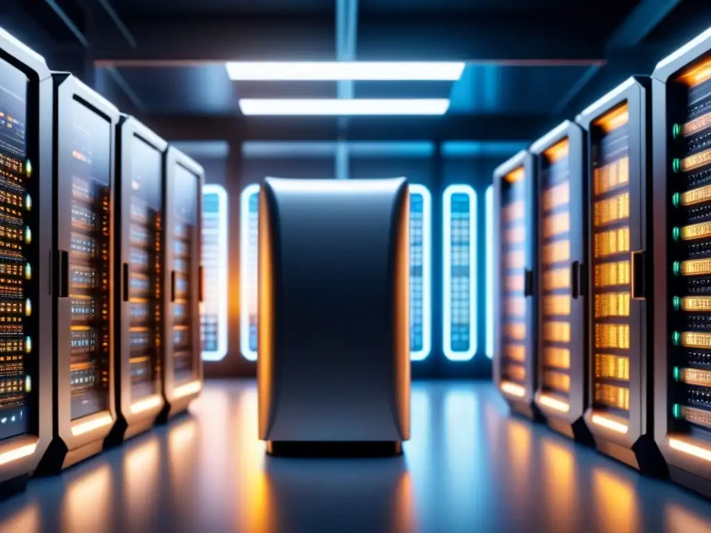 Supercomputación en la innovación industrial: Superordenador futurista procesando simulaciones complejas en un entorno hightech