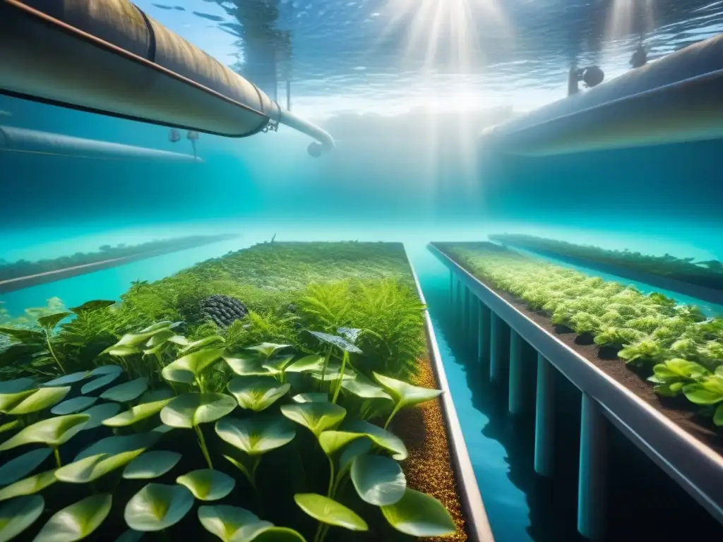 Innovaciones en acuicultura sostenible: sistema detallado con peces y plantas en armonía