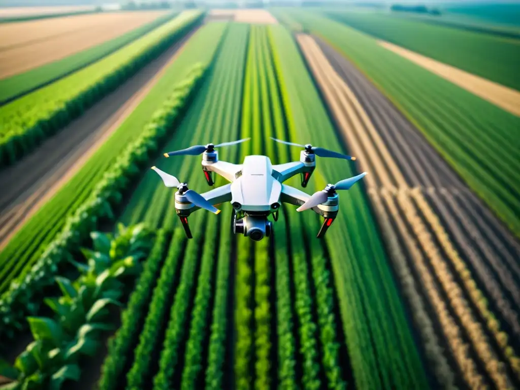 Innovaciones en agricultura de precisión: Drone capturando detalles de cultivos con precisión sobre un campo verde vibrante