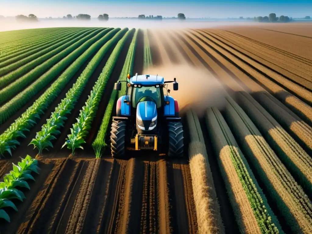 Innovaciones en agricultura de precisión: Tractor moderno plantando cultivos en campos extensos bajo cielo azul