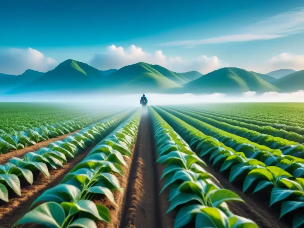 Innovaciones biotecnológicas en agricultura sostenible: campo futurista con cultivos modificados brillantes bajo el sol