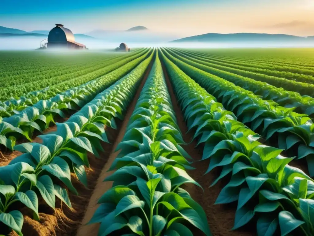 Innovaciones biotecnológicas en agricultura sostenible: ilustración minimalista de cultivos genéticamente modificados en armonía bajo el cielo azul