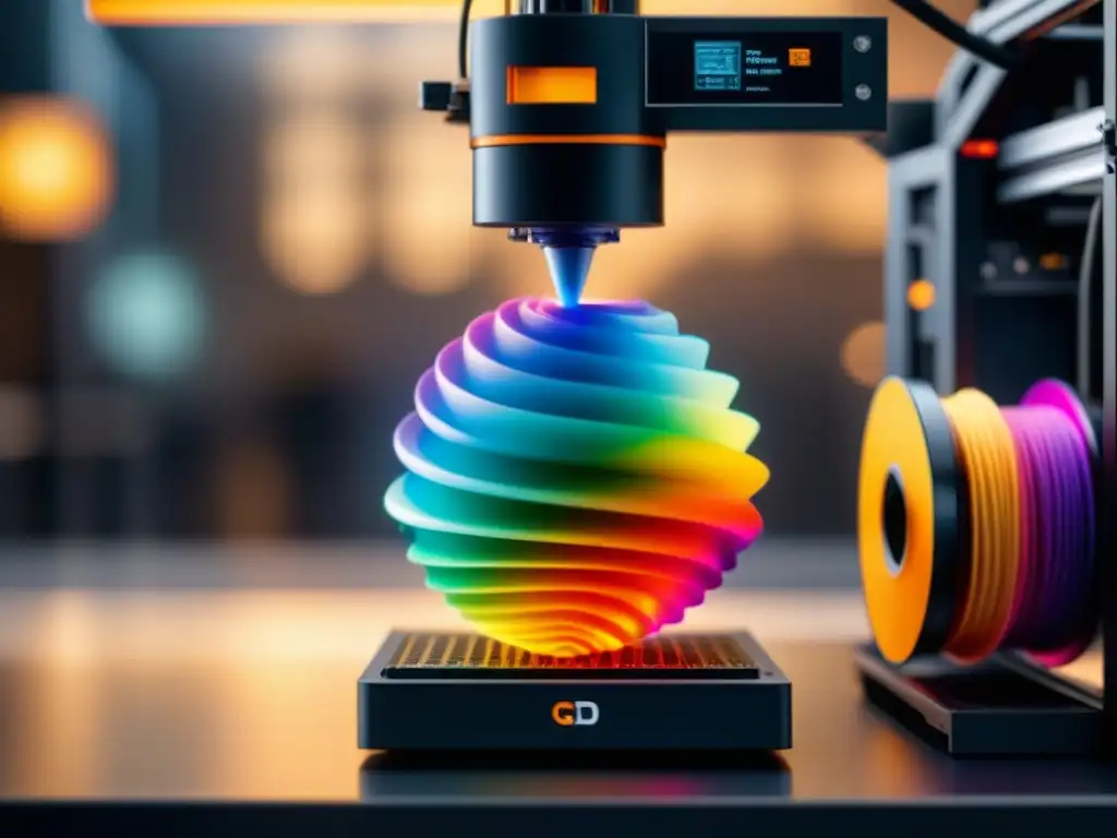 Innovaciones en impresión 3D en color: Detalle preciso de una impresora 3D creando objeto multicolor vibrante