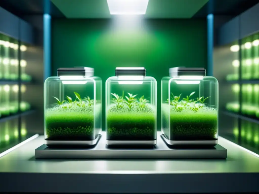 Innovaciones en cultivo celular sostenible: Moderno biorreactor con células verdes vibrantes en luz suave y futurista