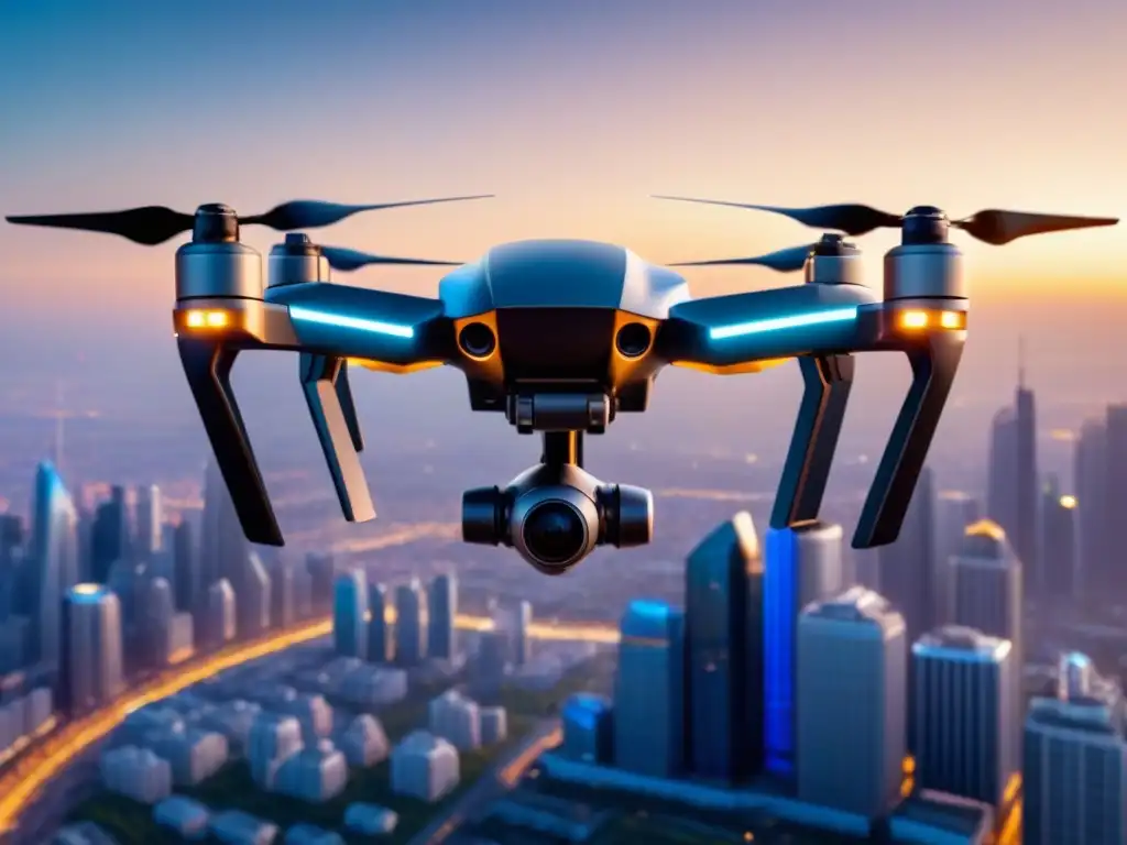 Innovaciones drones vehículos autónomos 2021: Drone futurista en ciudad moderna al atardecer