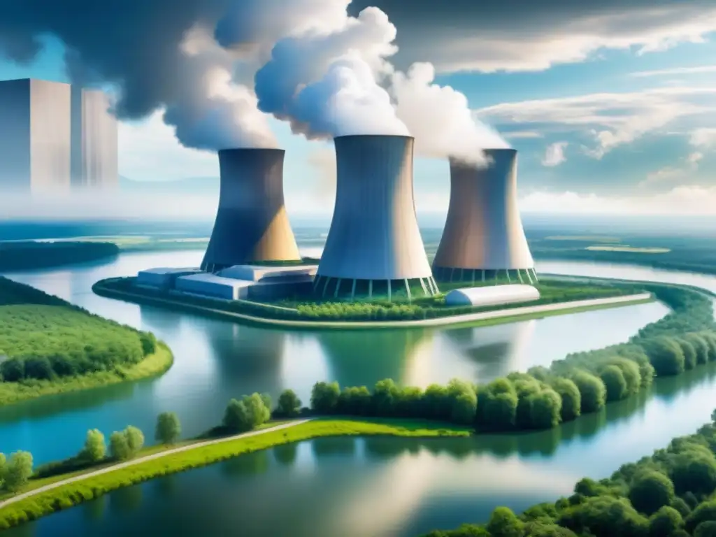 Innovaciones energía nuclear sostenible: Una planta nuclear futurista en armonía con la naturaleza