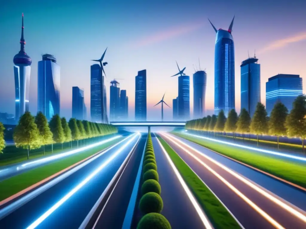 Innovaciones en energía sostenible en ciudades: Una ciudad nocturna con rascacielos iluminados y transporte eléctrico futurista