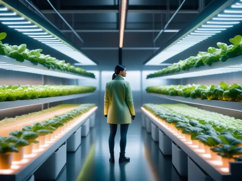 Innovaciones alimentación producción industria futura: Granja vertical futurista con plantas LED vibrantes y robots cuidándolas