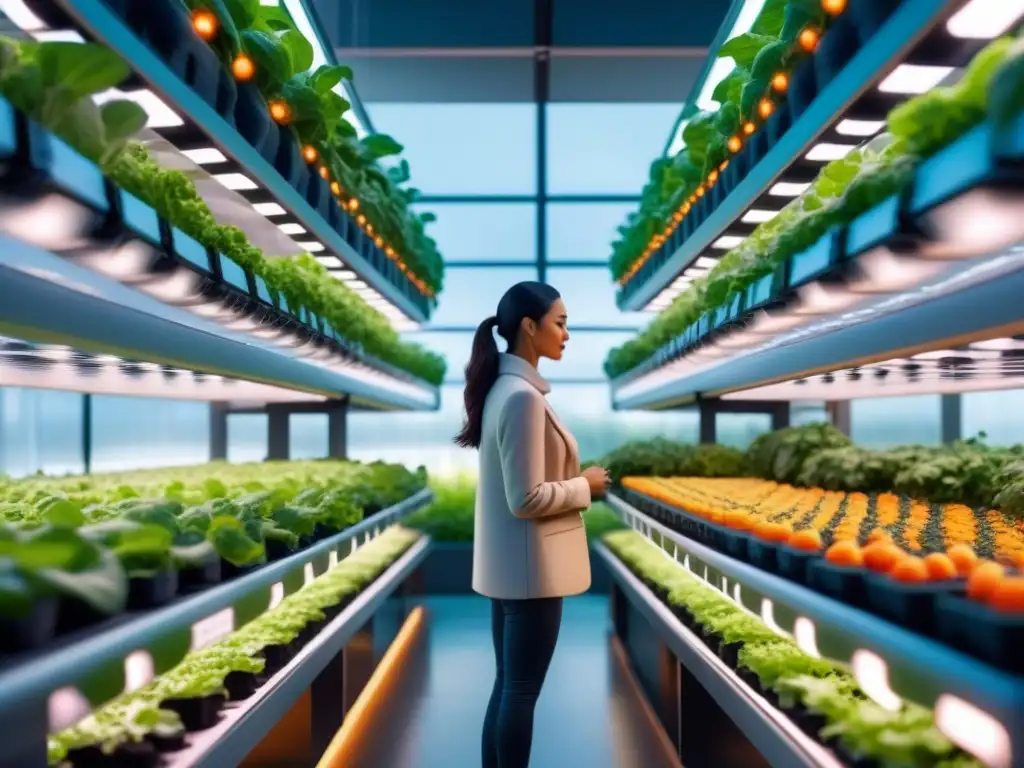 Innovaciones alimentación producción industria futura: Granja vertical futurista con tecnología avanzada y prácticas sostenibles