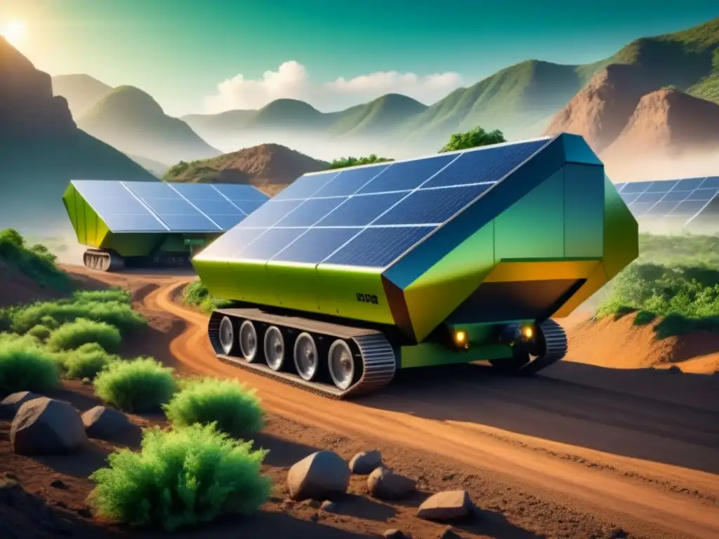 Innovaciones en maquinaria para minería sostenible: máquina futurista con paneles solares en entorno biodiverso