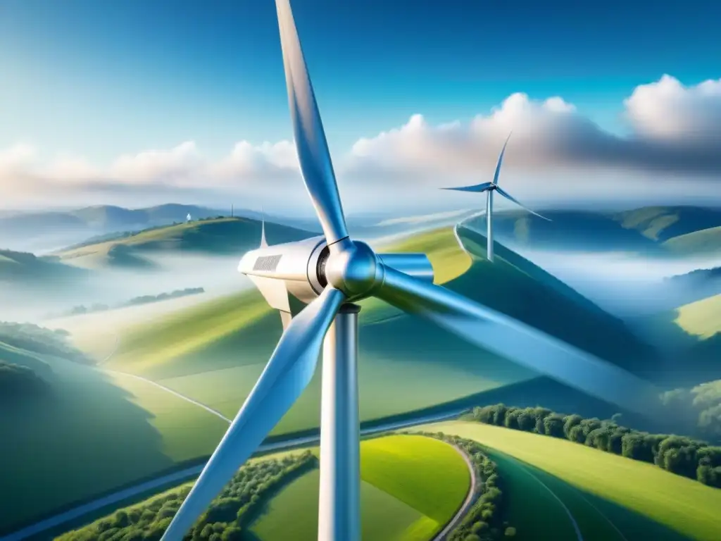 Innovaciones en patentes energéticas sostenibles: Imagen de una futurista turbina eólica brillante bajo un cielo azul claro