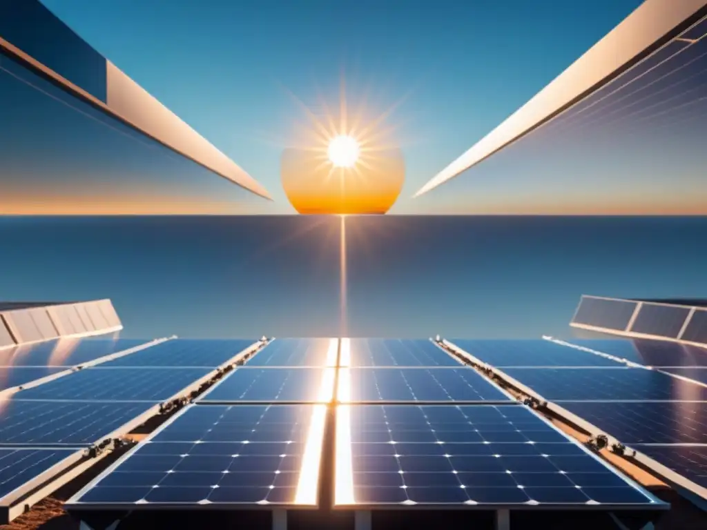 Innovaciones en patentes energéticas sostenibles: Vista de un futurista y elegante campo de paneles solares bajo el sol, en un cielo azul despejado