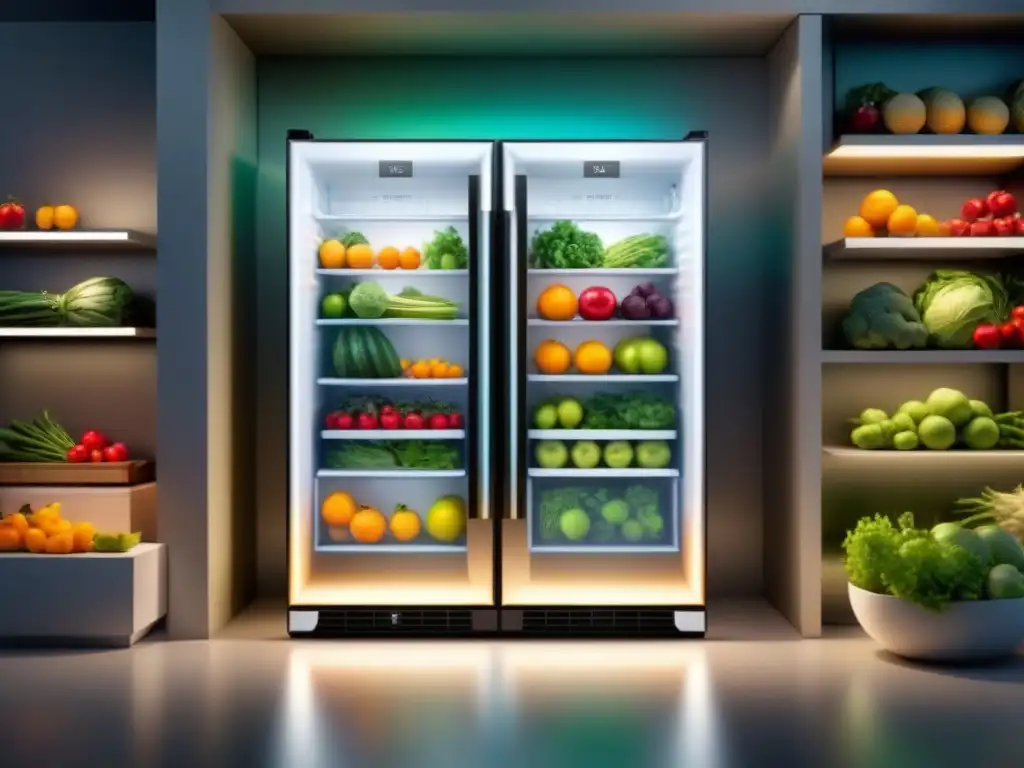 Innovaciones en refrigeración sostenible: Frutas y verduras frescas en un refrigerador moderno y transparente