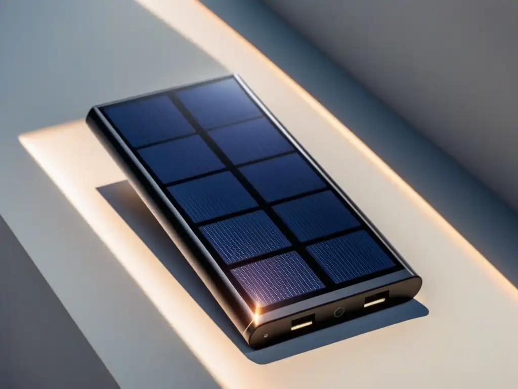 Innovaciones tecnología solar portátil: Cargador solar portátil con diseño moderno en negro brillante sobre fondo blanco