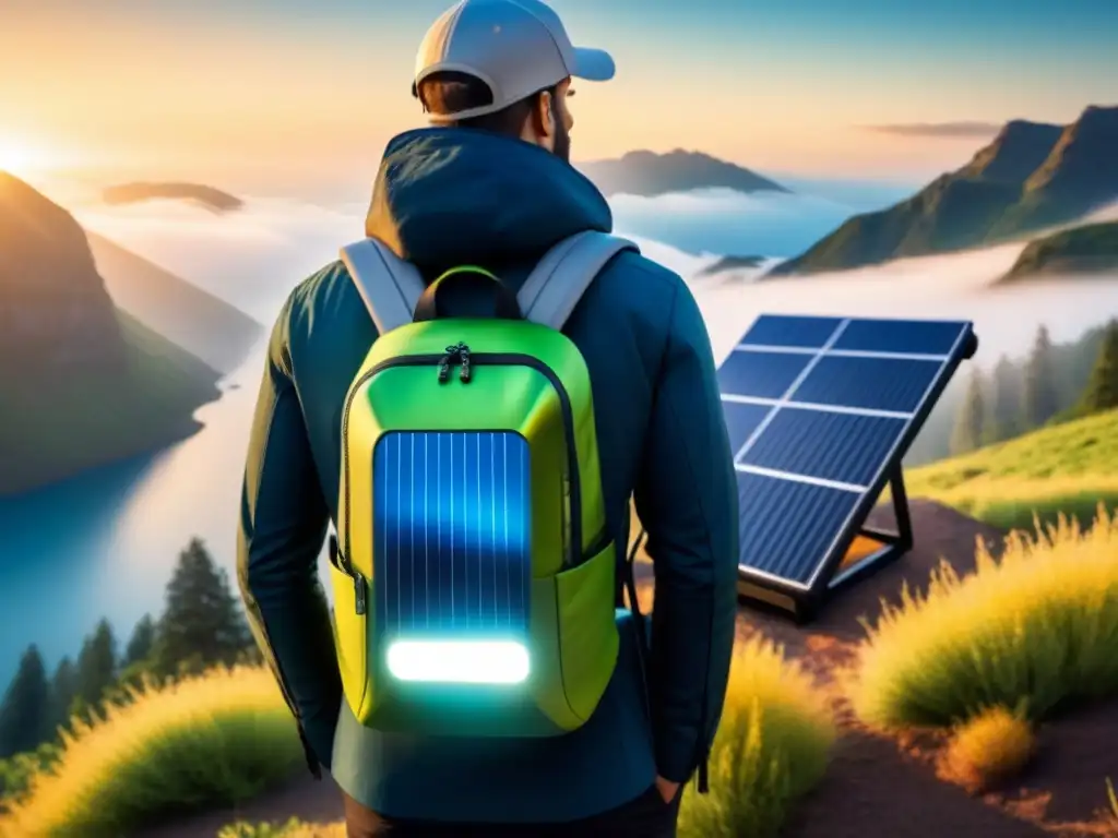 Innovaciones tecnología solar portátil: Mochila moderna con panel solar integrado captando la luz del sol en tonos verdes y azules