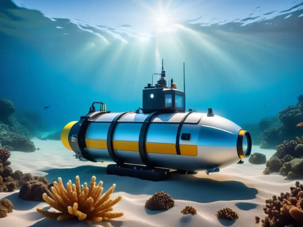 Innovaciones tecnológicas en recursos marinos: Vehículo submarino autónomo extrayendo minerales en el fondo marino