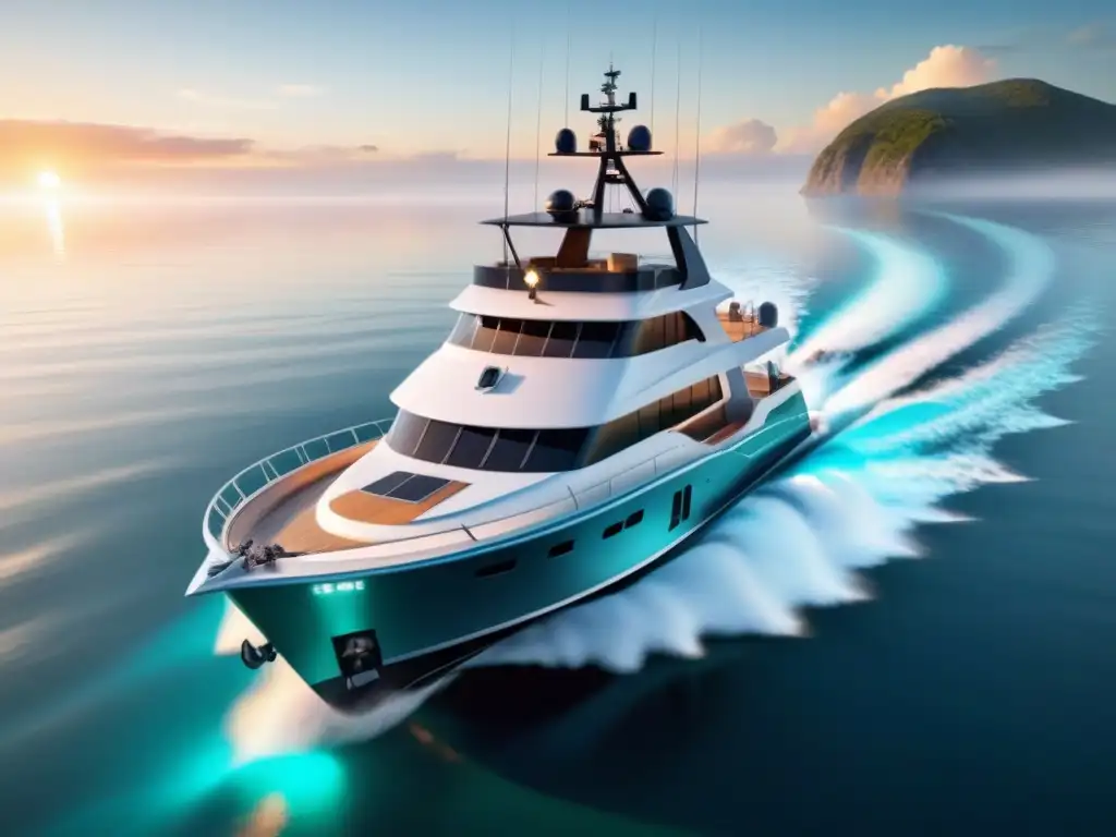 Innovaciones tecnológicas en recursos marinos: Barco pesquero moderno navegando al atardecer en aguas cristalinas