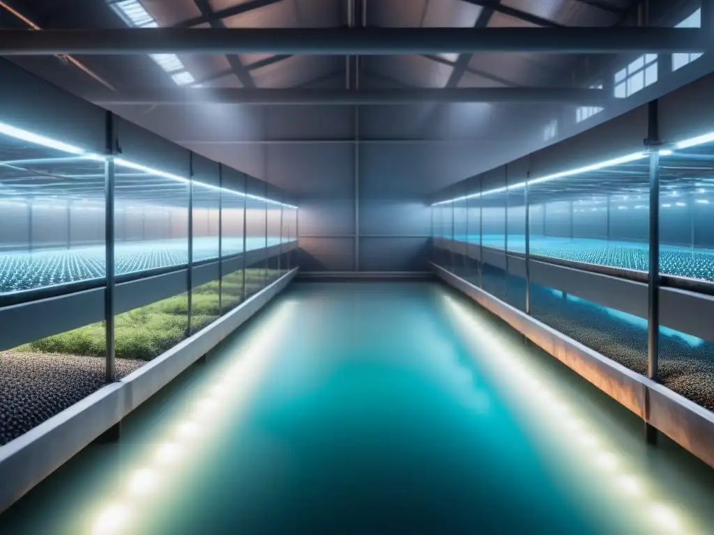 Innovaciones tecnológicas en acuicultura sostenible: instalación futurista con tanques de agua cristalina iluminados por luces LED