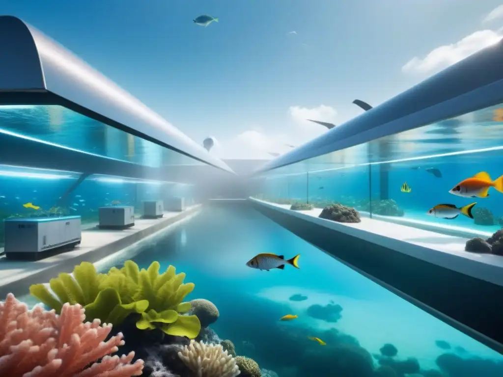 Innovaciones tecnológicas acuicultura sostenible: Granja acuícola moderna integrada en el mar, con tanques transparentes y vida marina vibrante