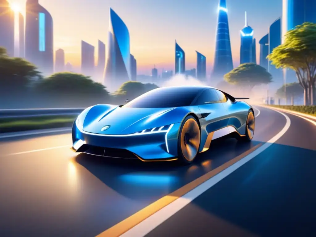 Innovaciones tecnológicas vehículos eléctricos: Un auto eléctrico futurista deslizándose al atardecer por una carretera serpenteante