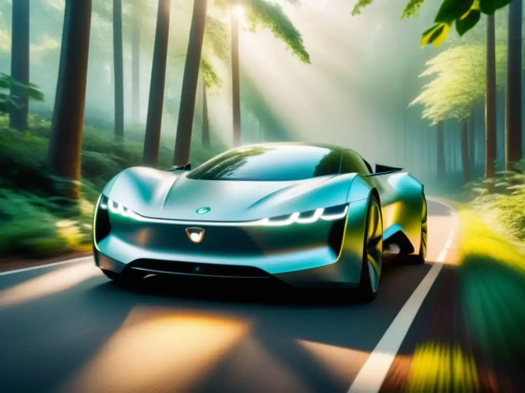 Innovaciones en vehículos eléctricos sostenibles: Un auto eléctrico futurista se desliza en un bosque verde, bajo los rayos del sol