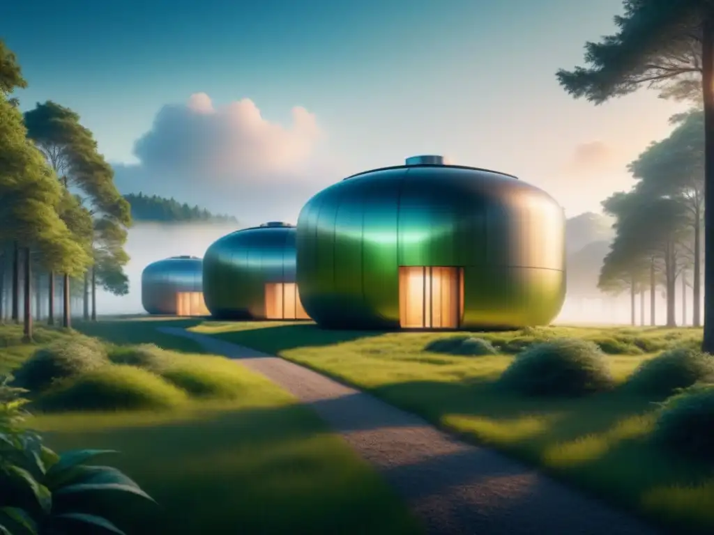 Un innovador centro de almacenamiento de energía en un paisaje verde, fusionando tecnología y naturaleza