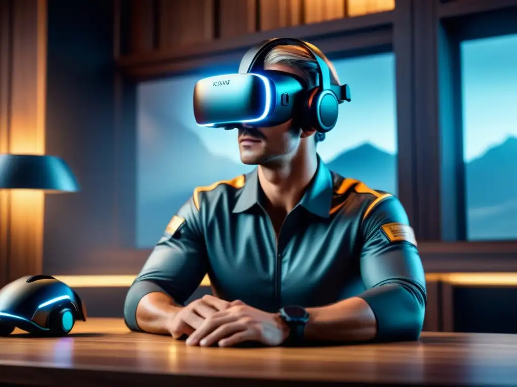 Innovador headset de realidad virtual sobre escritorio, iluminado por luz ambiental