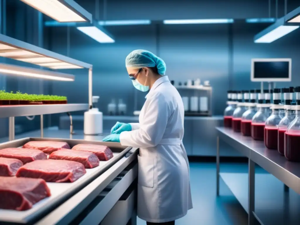 Innovador laboratorio con científicos cultivando Carne en laboratorio sostenible