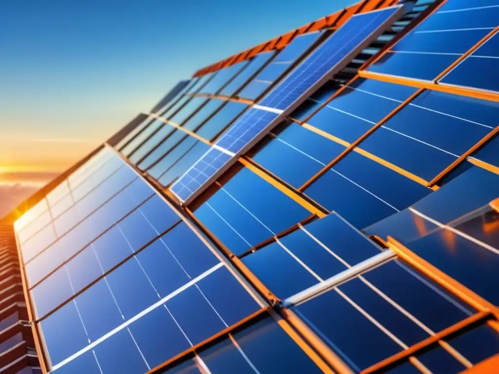 Energía solar futurista en edificio moderno Un innovador panel solar futurista en un techo moderno, reflejando la luz del sol