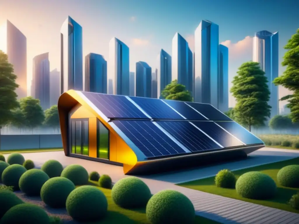 Un innovador sistema de almacenamiento de energía solar integrado en un paisaje urbano moderno, simbolizando avances futuros en energía solar