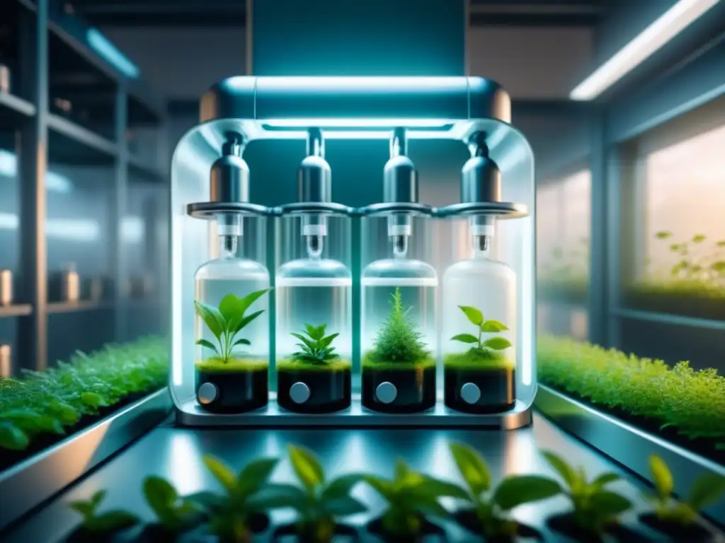 Innovador sistema de biorreactor, con plantas y microorganismos, en un laboratorio moderno