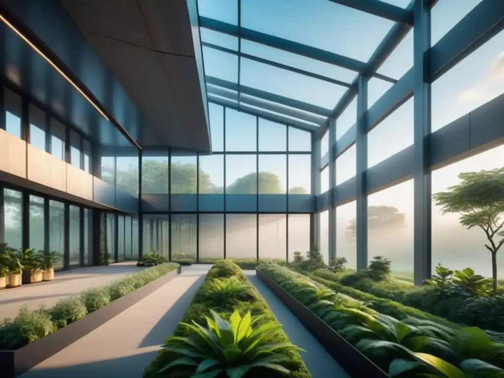 Innovadora arquitectura sostenible: edificio industrial futurista integrado en la naturaleza con materiales bioclimáticos