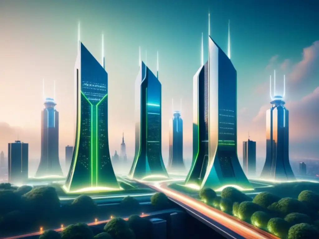 Metrópolis futurista: torres 5G y seguridad digital Innovadora ciudad del futuro con torres 5G fusionadas en el paisaje urbano