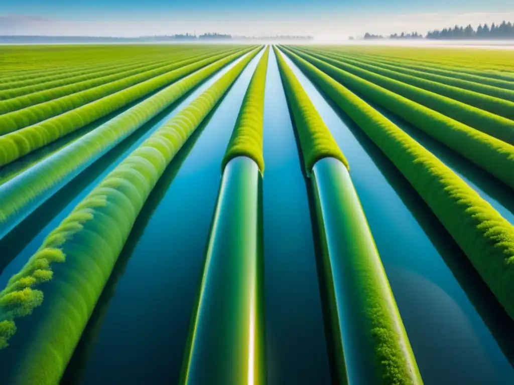 Granja de algas sostenible: innovación en bioenergía Innovadora granja de algas verde vibrante bajo cielo azul claro