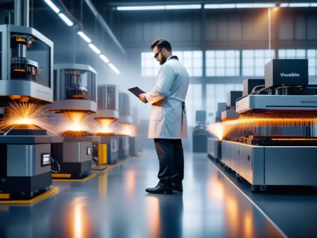 Innovación en 3D: Metalurgia de última generación en acción Innovadora impresión 3D de metales en fábrica moderna con tecnología avanzada y profesionales enfocados