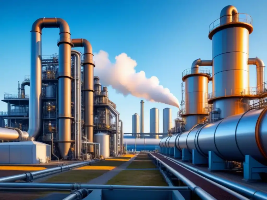 Fábrica futurista convirtiendo CO2 en productos comerciales Innovadora planta industrial convierte CO2 en productos comerciales, simbolizando sostenibilidad y progreso