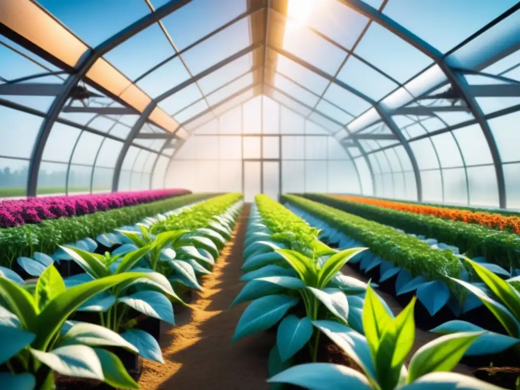 Innovadora biología sintética para agricultura sostenible: invernadero futurista con cultivos modificados brillantes y coloridos