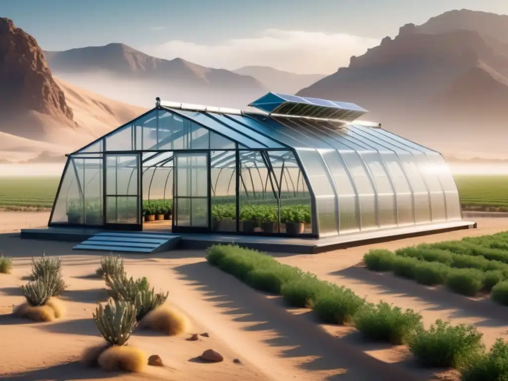 Innovadora automatización agrícola en zonas áridas: un invernadero futurista en un paisaje desértico seco, con tecnología avanzada en acción