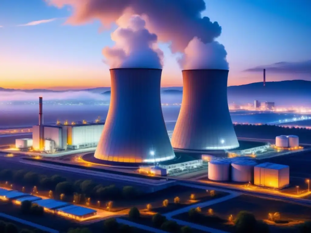 Innovadoras tecnologías de seguridad nuclear en la era moderna, representadas en una planta futurista al atardecer