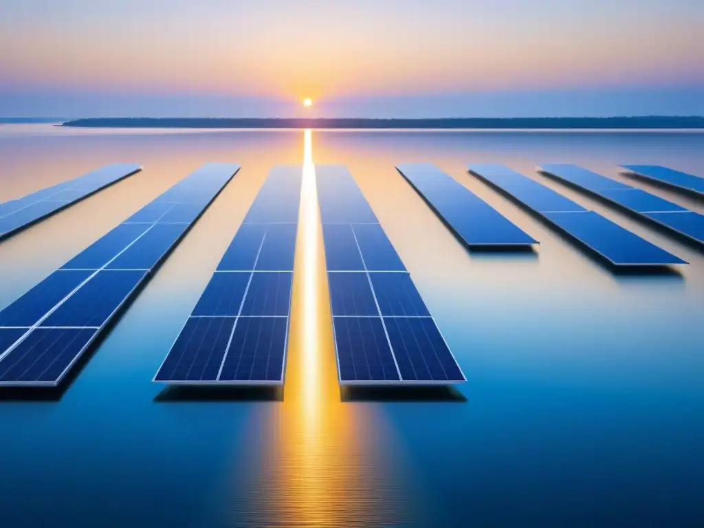 Innovadores paneles solares flotantes eficientes en un cuerpo de agua tranquilo, reflejando la luz del sol