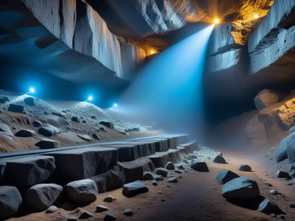 Innovadores sensores fotónicos para minería sostenible integrados en las paredes de una mina subterránea, brillando en azul en la oscuridad