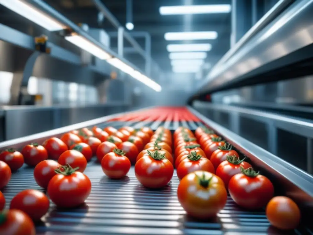 Inspección de calidad en la producción de alimentos: cámara de alta tecnología inspeccionando detalladamente un tomate perfectamente maduro en una fábrica