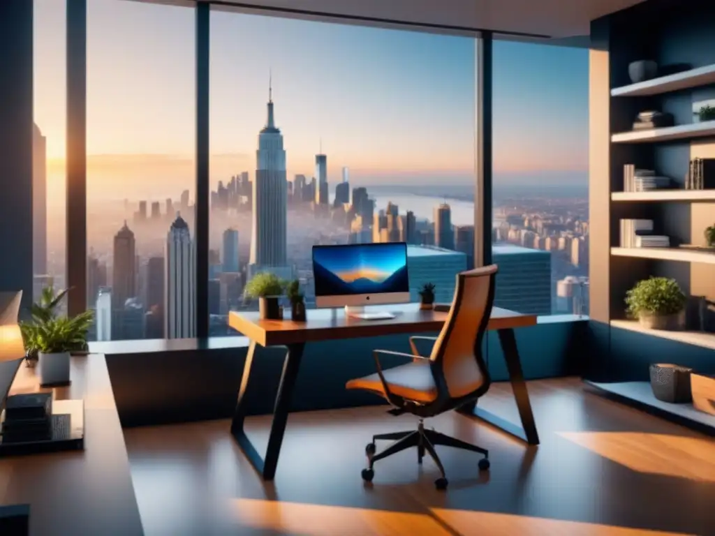 Inspirador espacio de trabajo en casa con vista panorámica a la ciudad y equipado con tecnología de punta