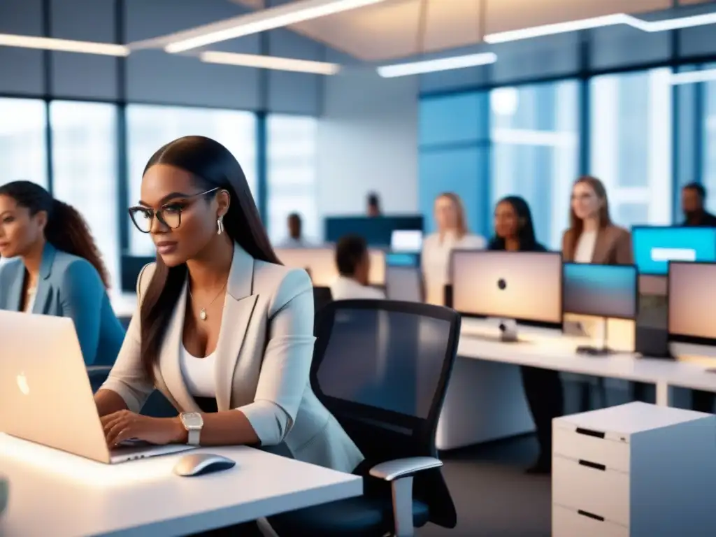 Un inspirador grupo de mujeres en tecnología, capital riesgo, colaborando en un espacio de trabajo futurista y luminoso