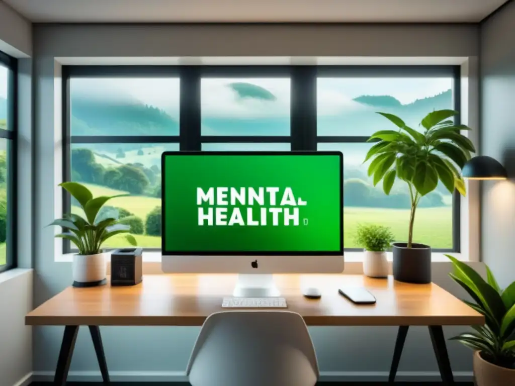 Inspiradora oficina moderna con vista a la naturaleza, laptop mostrando app de salud mental y cita motivacional en la pared