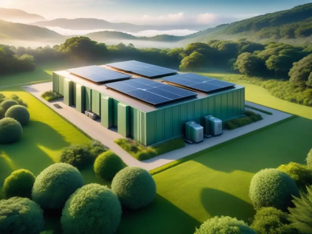 Instalación futurista de energía en paisaje verde Instalación de almacenamiento de energía futurista en paisaje verde, tecnología y naturaleza en armonía
